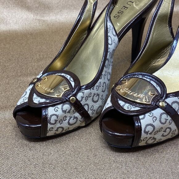Guess Monogram Peep Toe Platform Slingback Heels - Picture 4 of 13